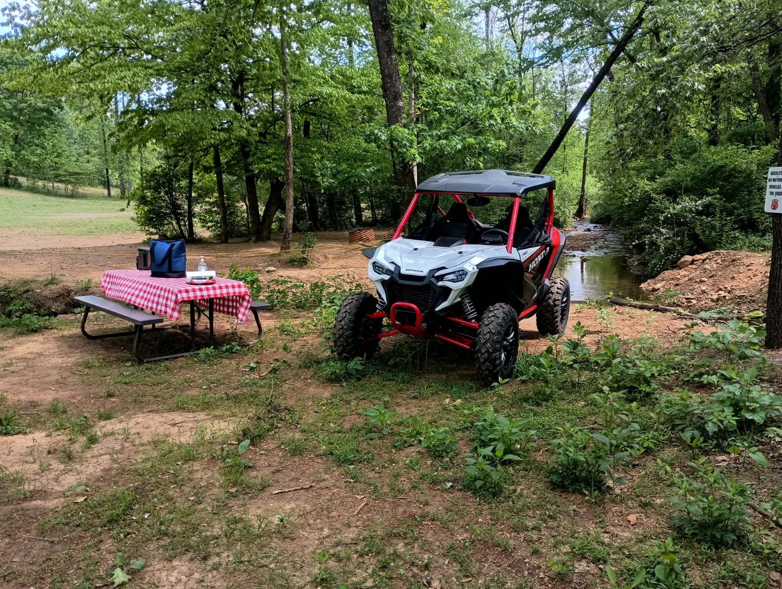 ATV on narrow tree-lined dirt trail